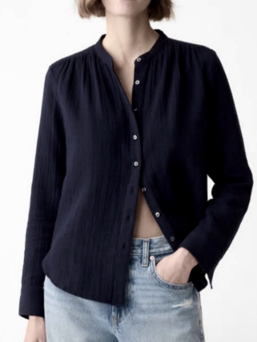 Gap XL Tall Crinkle Gauze Black Shirt Mandarin Collar Relaxed Minimal Beach